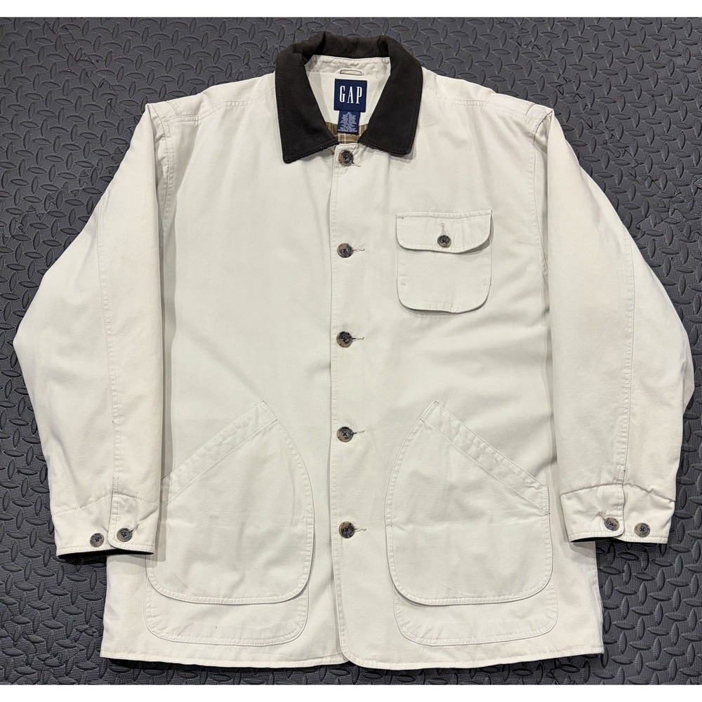 Vintage GAP Barn Jacket Mens XL Khaki Leather Collared Chore Field Coat White